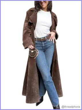 Faux Suede Open Front Trench Coat Belted Maxi Overcoat
